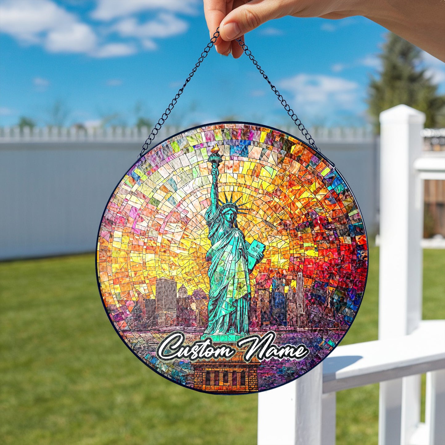 Netecom Personalized America Stained Glass Sun Catcher – Statue of Liberty Ornament, Patriotic Home & Office Décor Gift