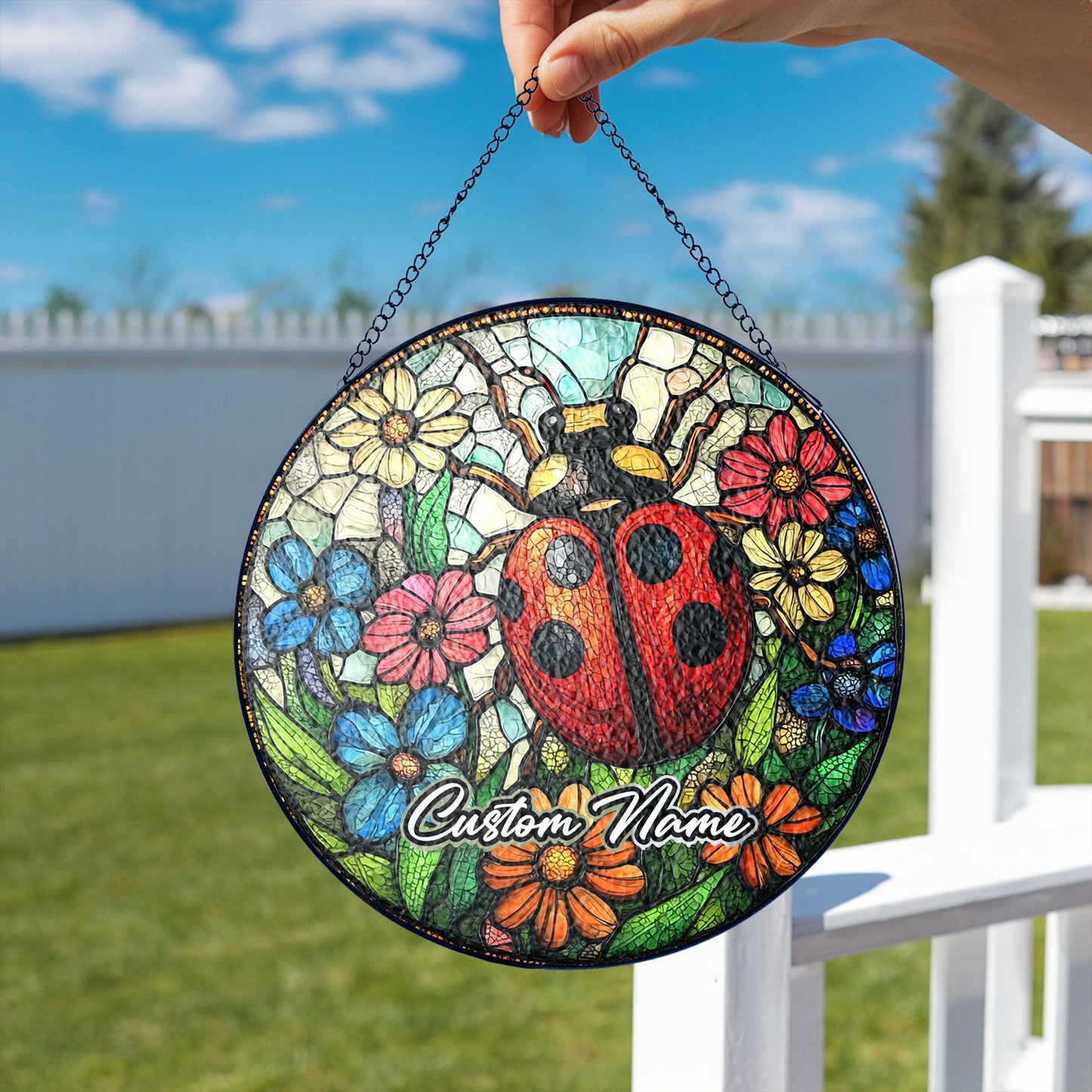 Netecom Personalized Lady Bug Stained Glass Ornament, Custom Memorial Suncatcher, Pet Loss Remembrance Gift, Christmas Decoration