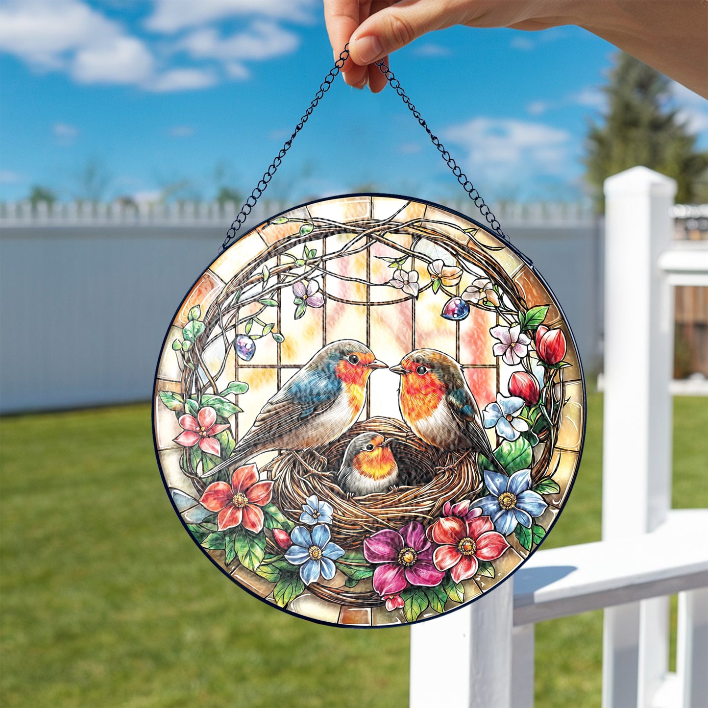 Netecom Robin Couple Stained Glass Suncatcher, Bird Nest Window Hanging Decor, Nature-Inspired Home Accent, Christmas and Mother’s Day Gift for Bird Lovers