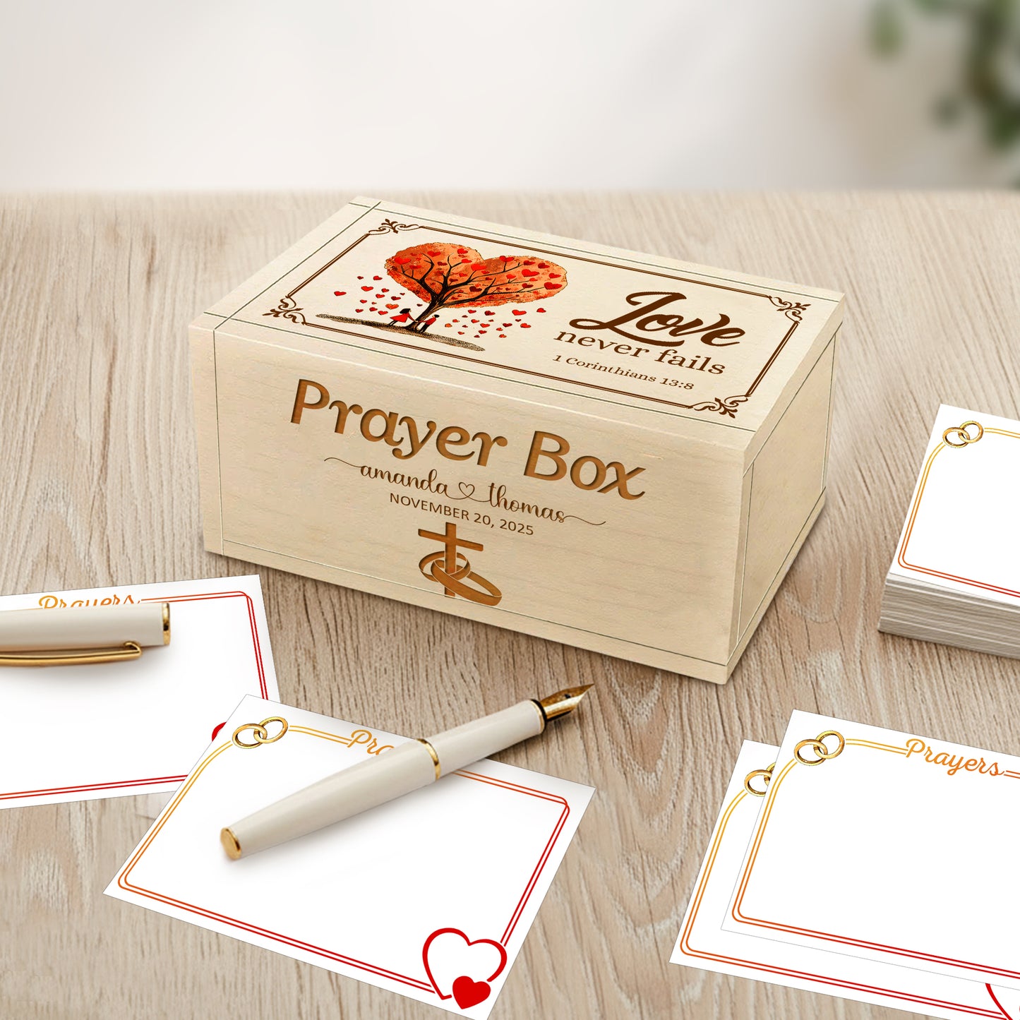 Netecom Personalized Couple Prayer Box with 100 Prayer Request Cards and Handheld Cross – Custom Names and Anniversary Date, Wooden Christian Gift for Couples