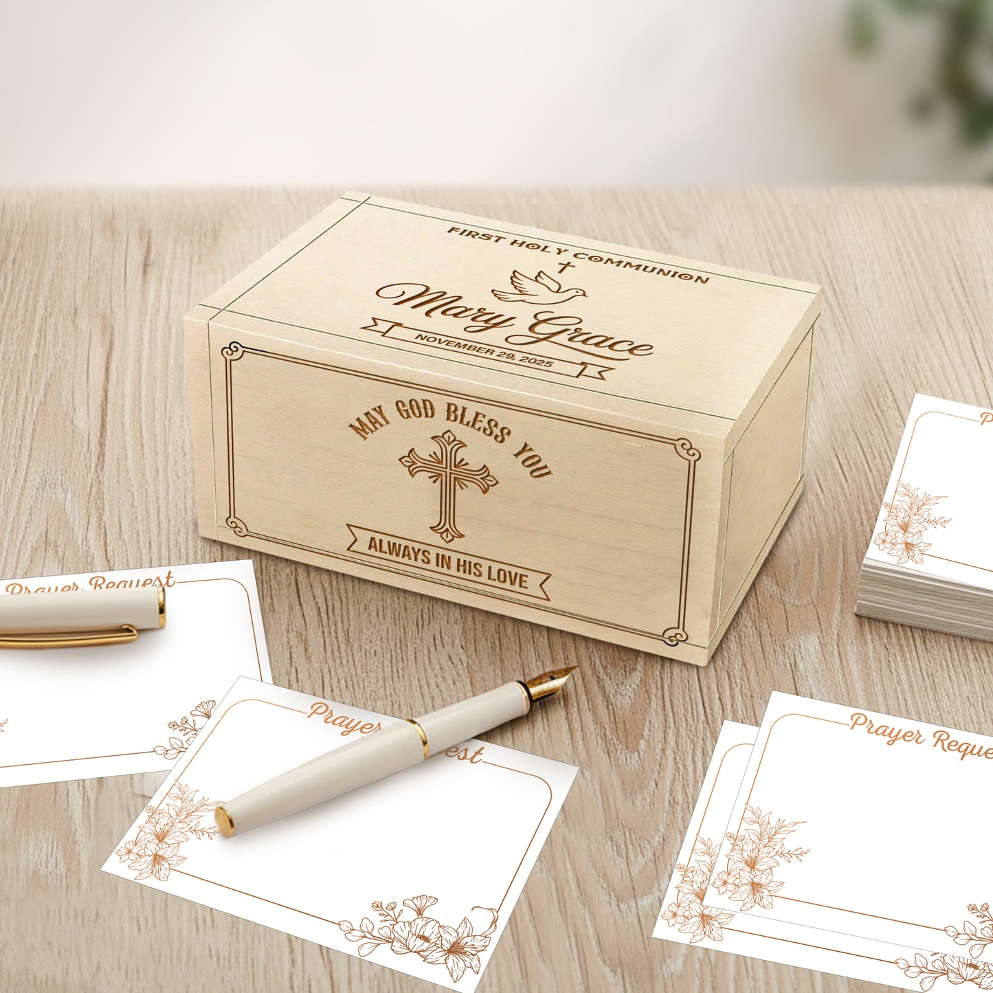 Netecom Personalized First Holy Communion Prayer Box with Custom Name & Date, 100 Prayer Request Cards, Wooden Cross Gift for Girls & Boys, Christian Keepsake for Faith & Reflection