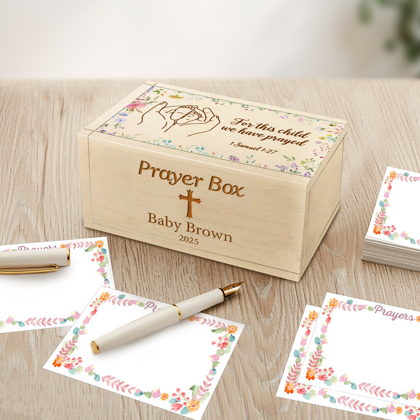 Netecom Personalized Baby Prayer Box with 100 Prayer Request Cards & Handheld Cross – Custom Baby Name & Birth Year, Wooden Christian Gift for Parents