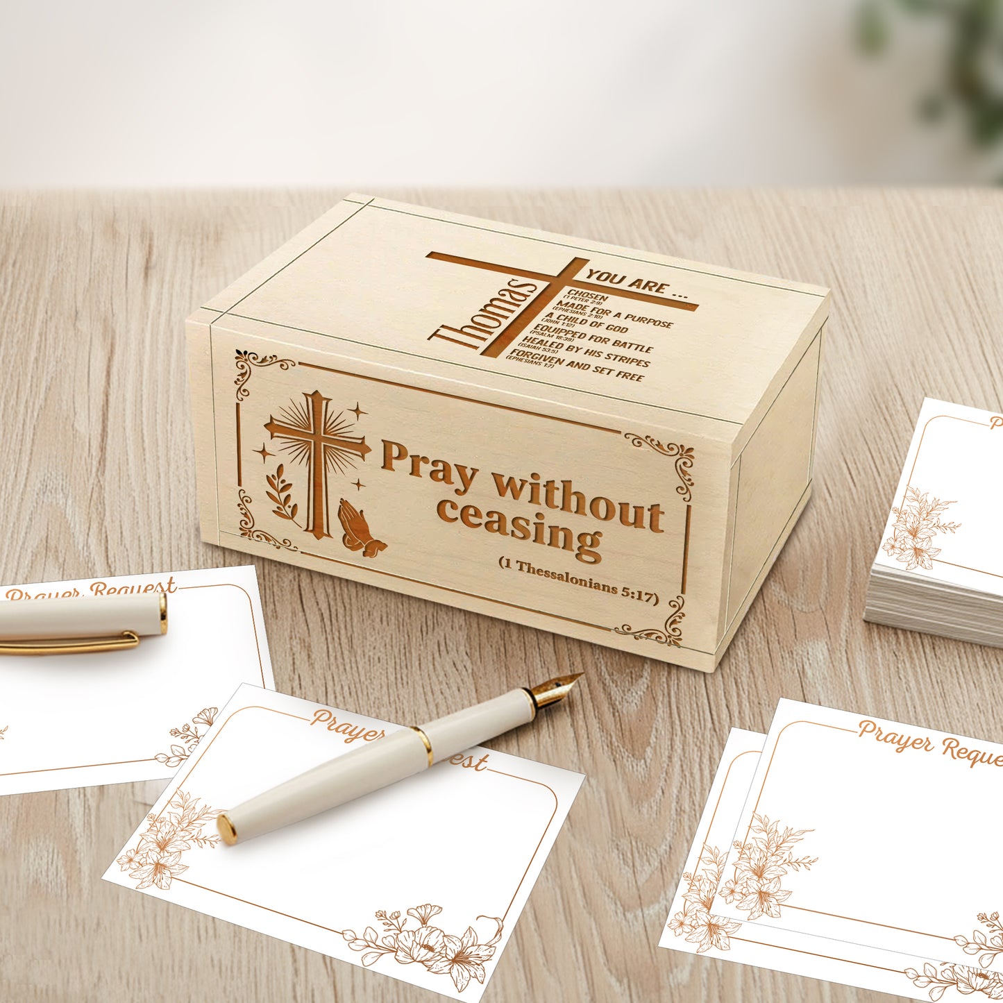 Netecom Personalized Prayer Box with Custom Name on Box and Wooden Cross – 100 Prayer Request Cards, Custom Engraved Christian Keepsake for Mom, Dad, Family, or Loved Ones