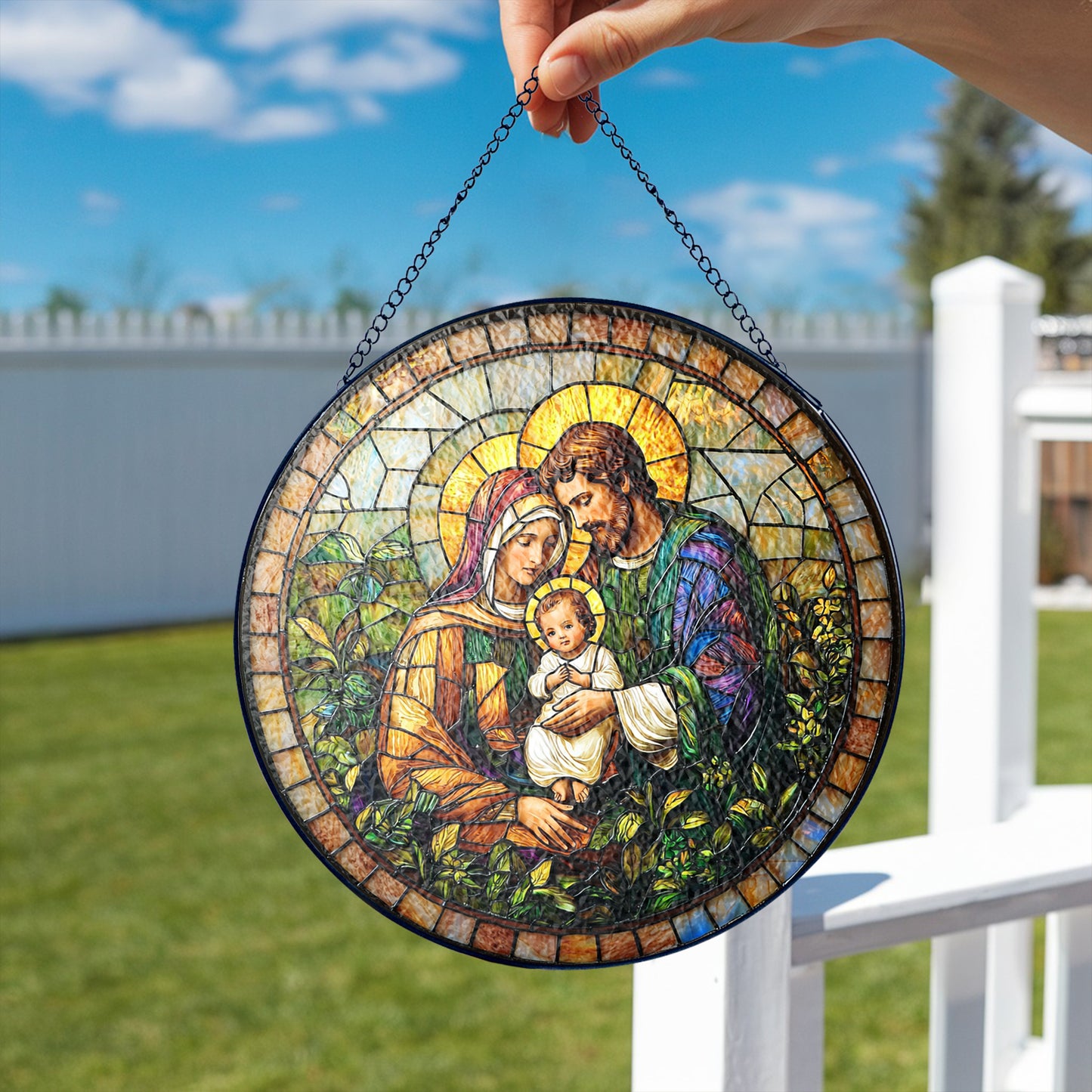Netecom Holy Family Stained Glass Ornament – Nativity Scene Window Sun Catcher, Christian Christmas Gift for Home