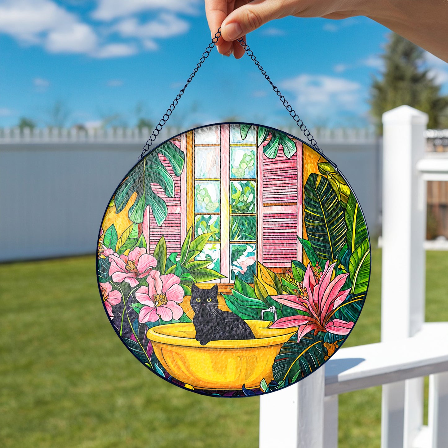 Netecom Black Cat in Bathtub Stained Glass Suncatcher, Vibrant Tropical Window Hanging Decor, Artistic Home Accent, Lovely Gift for Cat Lovers and Holiday Season