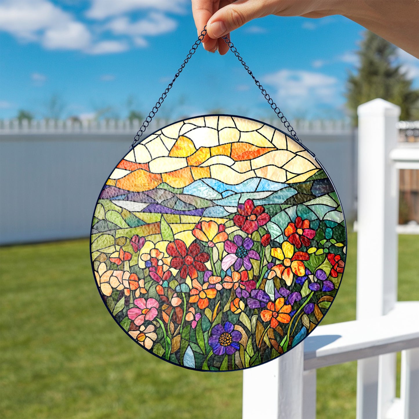 Netecom Flower Garden Stained Glass Sun Catcher – Personalized Floral Ornament, Custom Window Hanging, Nature-Inspired Gift