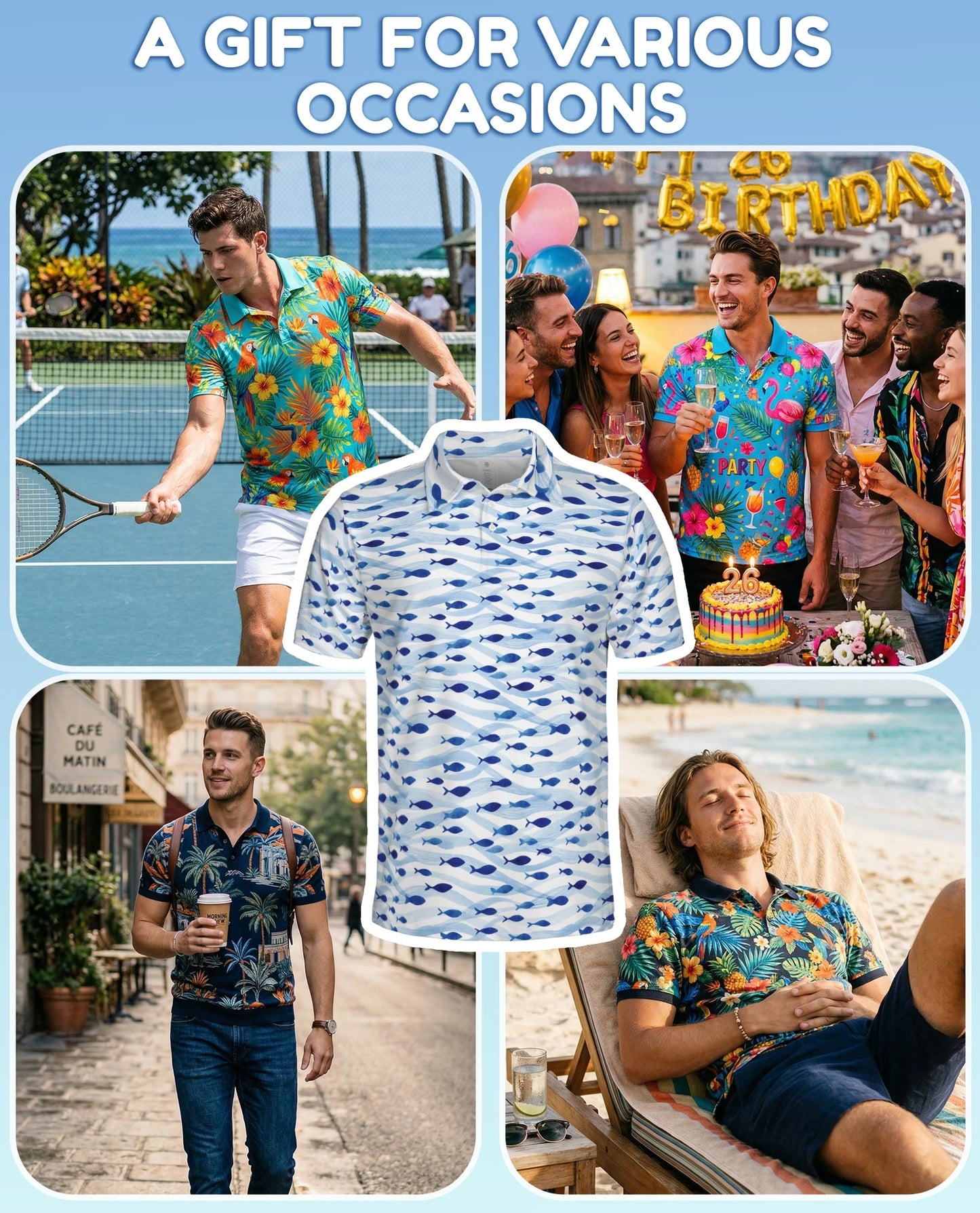 Blue and White Fish Pattern Polo Shirt for Men – Coastal Nautical Style | Netecom