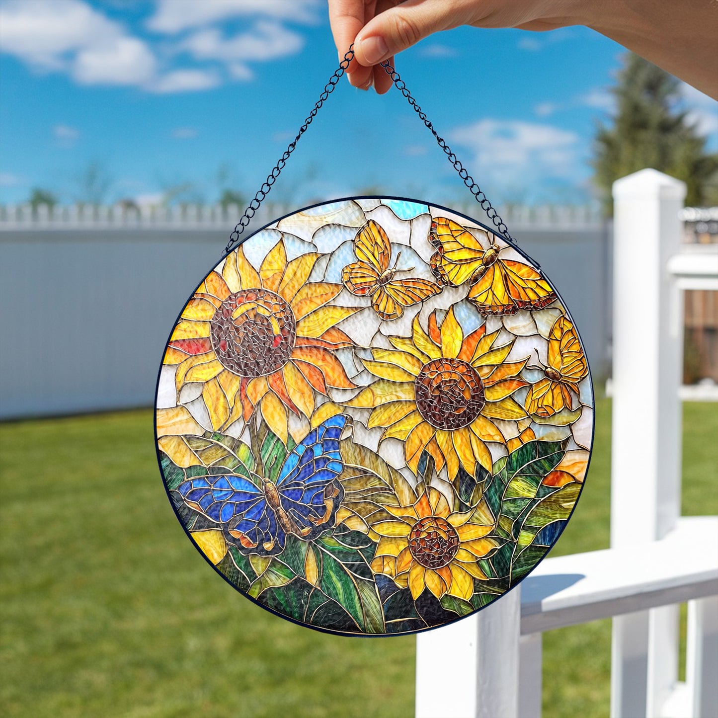 Netecom Sunflower and Butterfly Stained Glass Ornament – Personalized Floral Sun Catcher, Nature-Inspired Window Hanging