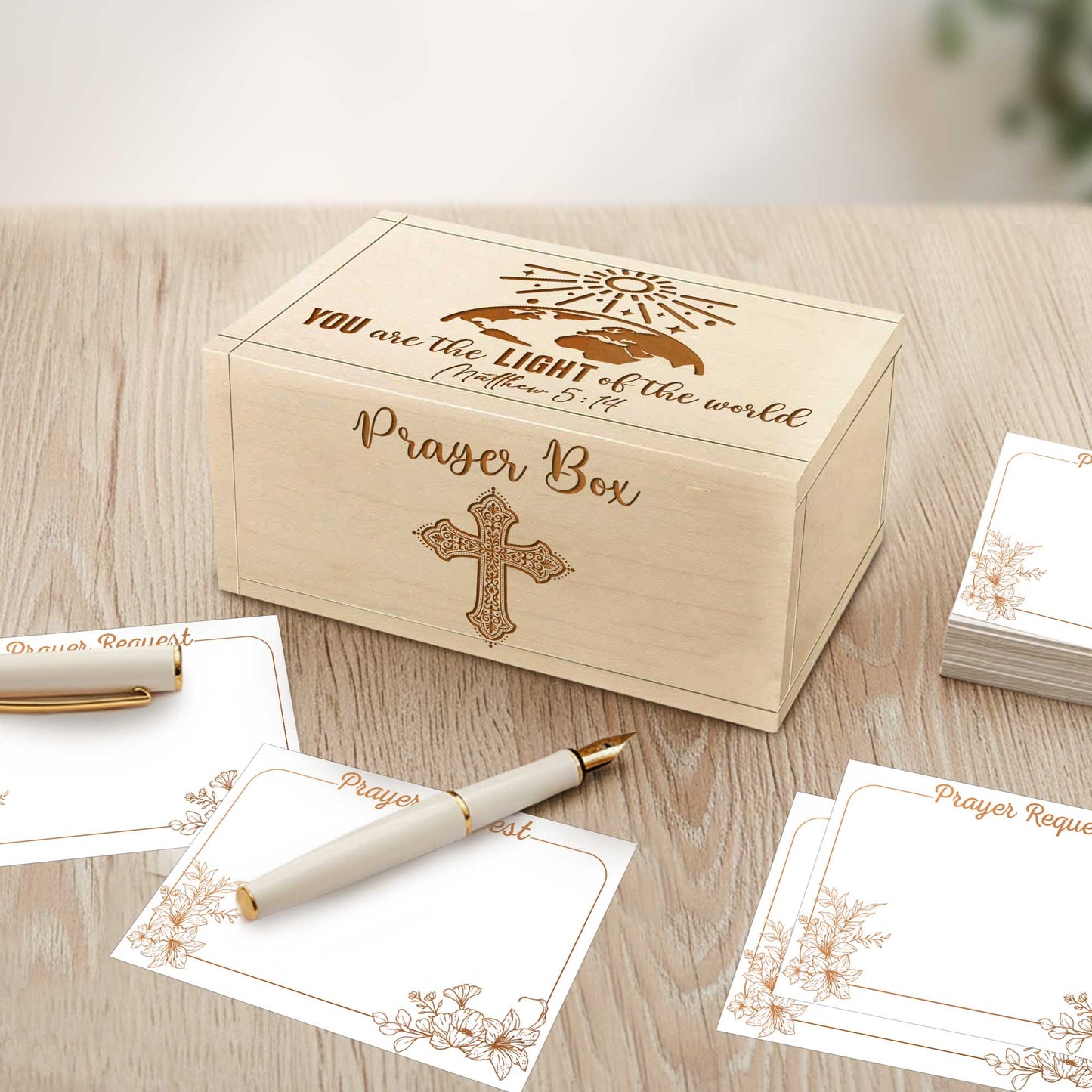 Netecom Personalized Wooden Prayer Box with 100 Prayer Request Cards & Custom Name Cross – Christian Faith Gift You Are the Light of the World