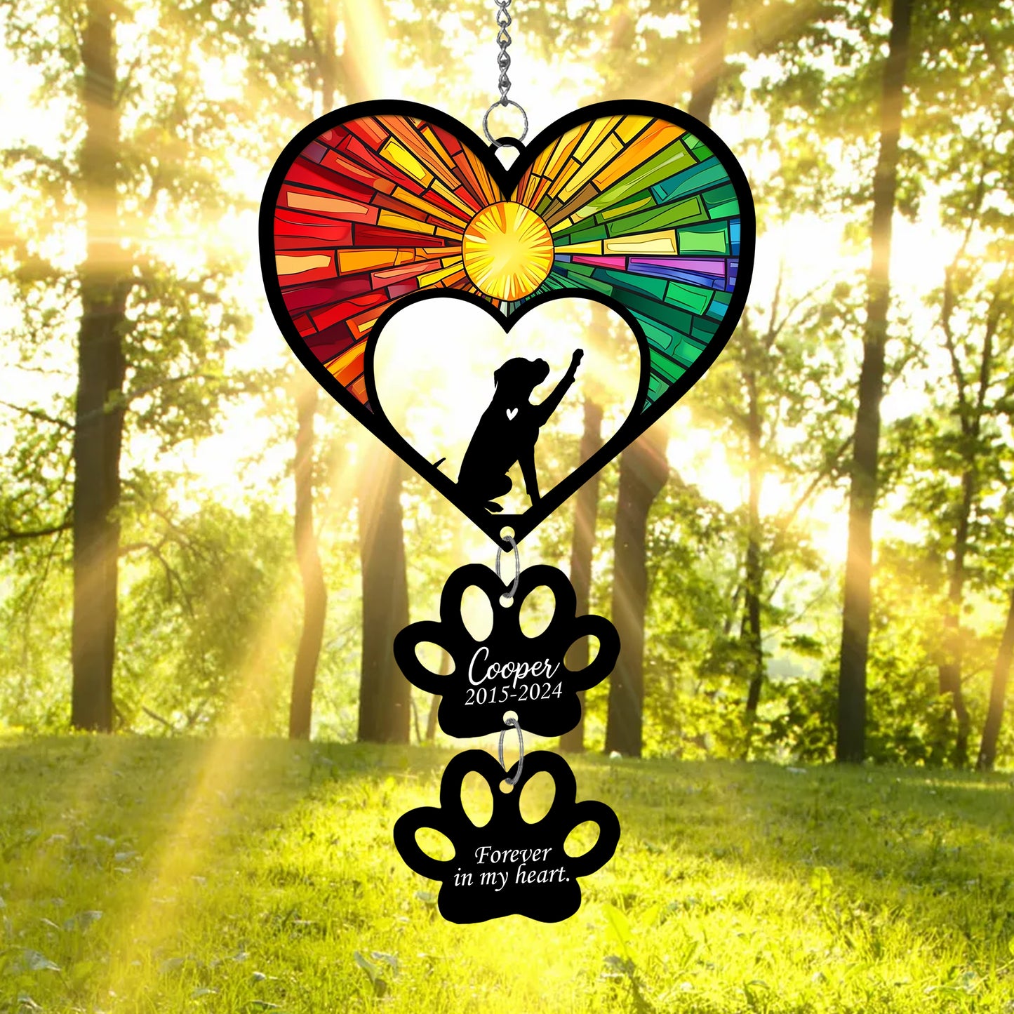 Netecom Personalized Boxer Rainbow Heart Paw Memorial Suncatcher, Custom Dog Ornament with Name Date, Pet Loss Sympathy Gift, Dog Memorial Keepsake