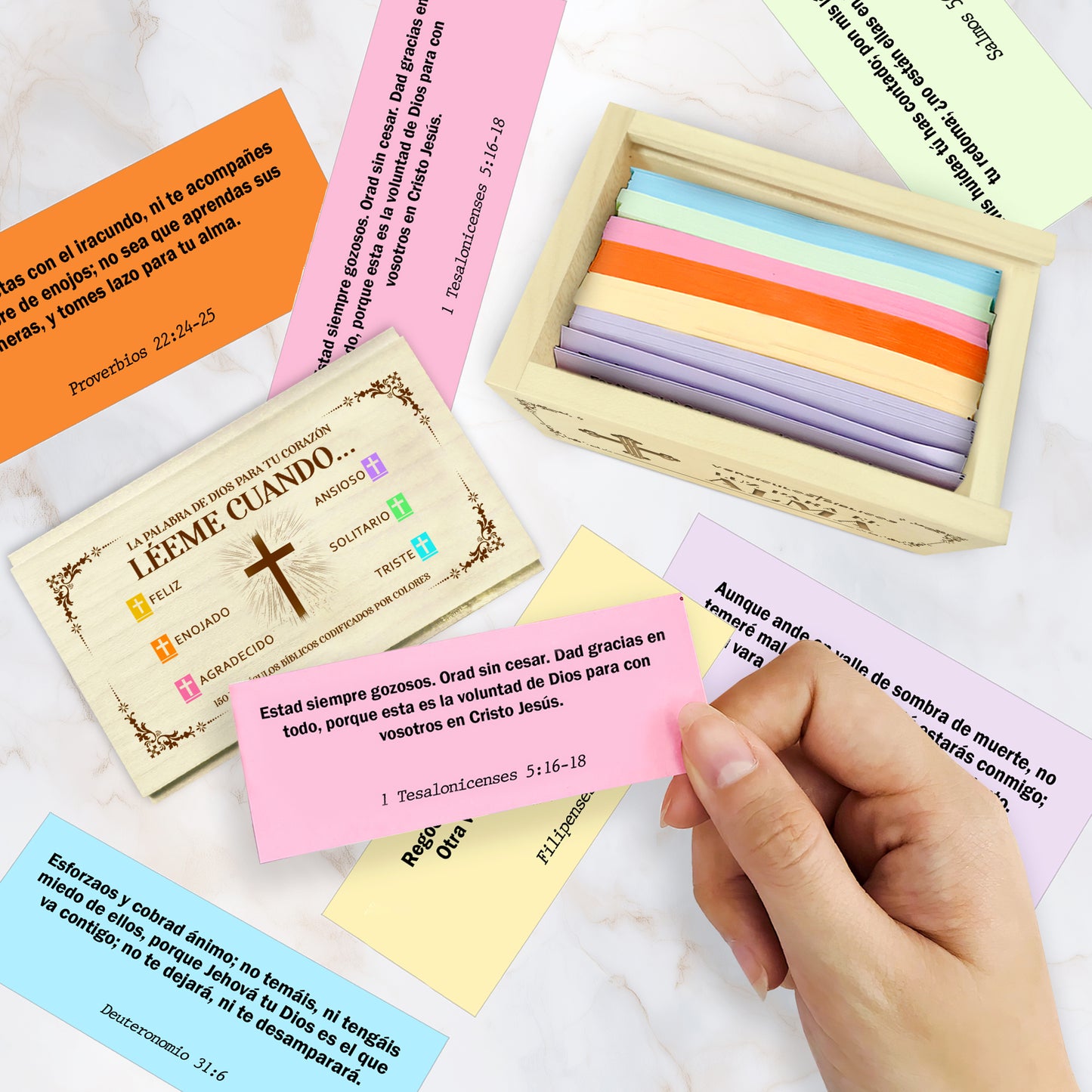 Netecom Spanish Bible Verse Box en Español with Prayer Cross, Caja de Versículos Bíblicos en Español, Regalos Cristianos, 150 Upgrade Bible Verse Cards Box Set for Emotions and Feelings