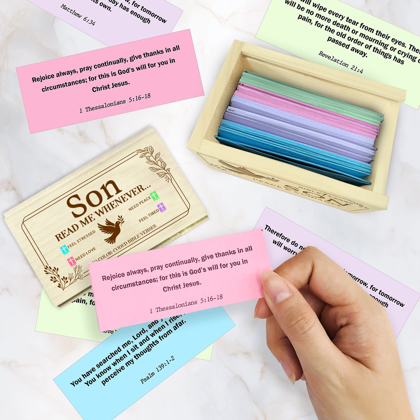 Netecom Bible Verses Box for Son with Prayer Cross, 150 Upgrade Bible Verse Cards Box Set for Emotions and Feelings, 4 Emotional Themes, Graduation Gift for Son, Encouragement & Love