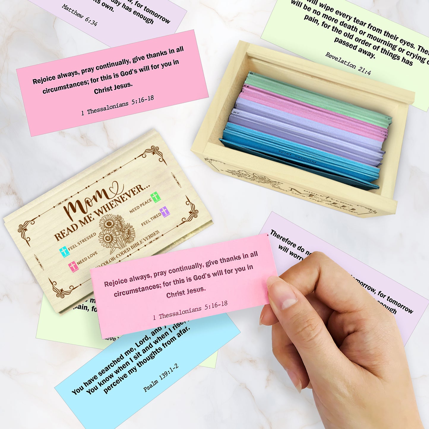 Netecom Bible Verses Box for Mom with Prayer Cross, 150 Upgrade Bible Verse Cards Box Set for Emotions and Feelings, 4 Emotional Themes, Religious Gift for Mother, Encouragement & Love