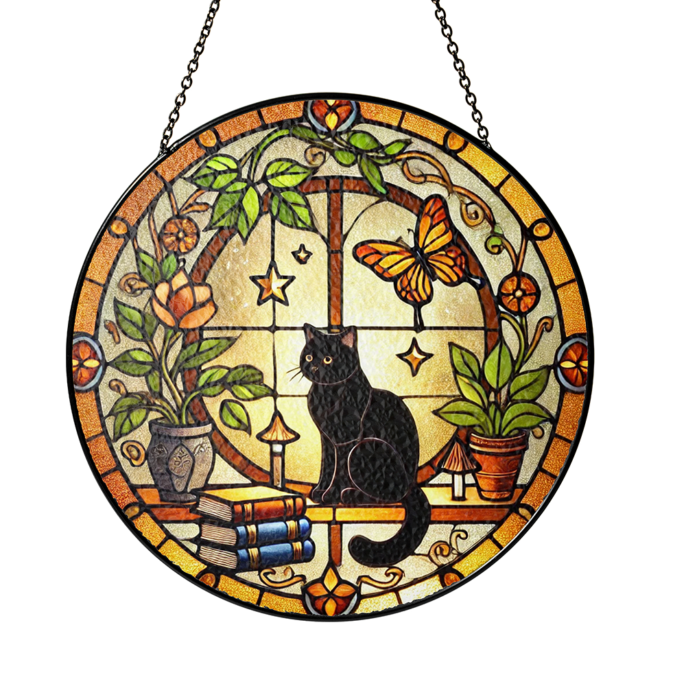 Netecom Black Cat and Books Stained Glass Suncatcher, Golden Floral Window Hanging, Cozy Home Decor, Christmas Gift for Cat Lovers and Book Enthusiasts