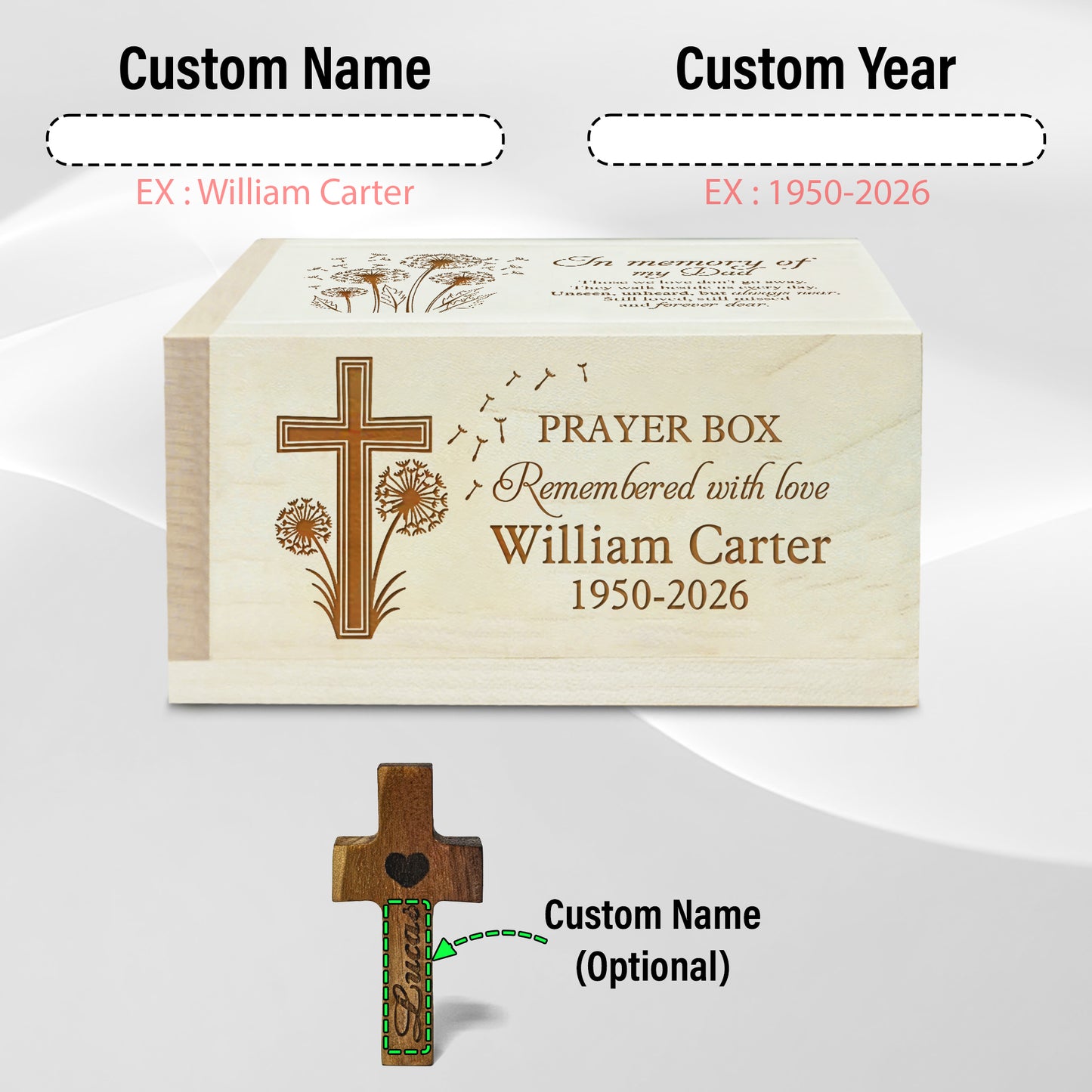 Netecom Personalized Memory Dad Prayer Box – Custom Name & Year Engraved, 100 Prayer Request Cards with Wooden Cross, Christian Memorial Keepsake Gift