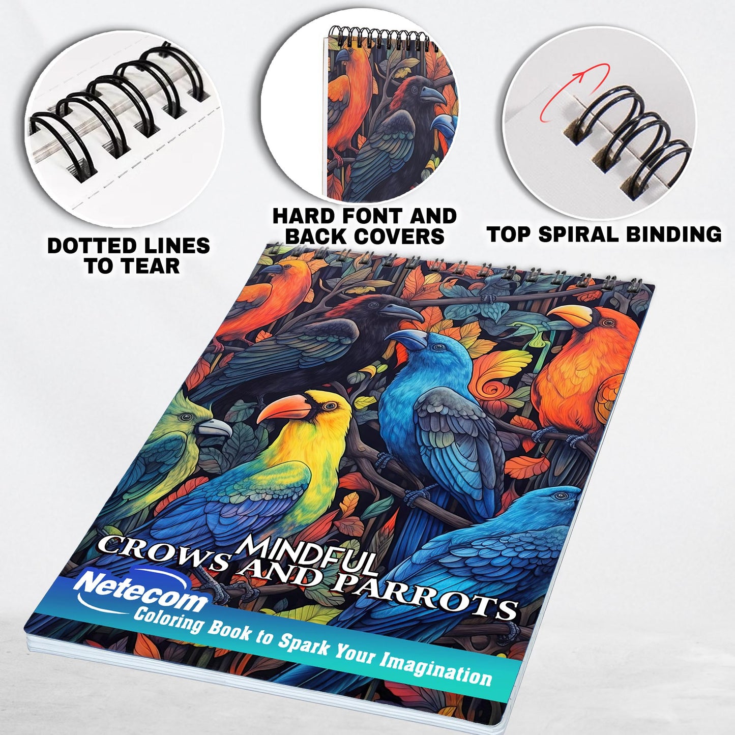 Mindful Crows And Parrots Spiral Bound Coloring Book: Parrots And Crows Design for Adult featuring Parrots and Crow To Color, Relieve Stress and Relaxing, Include different Designs Birds Coloring Book