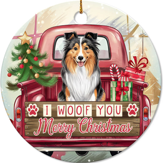 Netecom Funny Shetland Sheepdog in Red Truck Ornament, I Woof You Merry Christmas Ceramic Ornament for Christmas Tree Hanging Decorations Gift, Dog Lover Gifts, Holiday Party Present