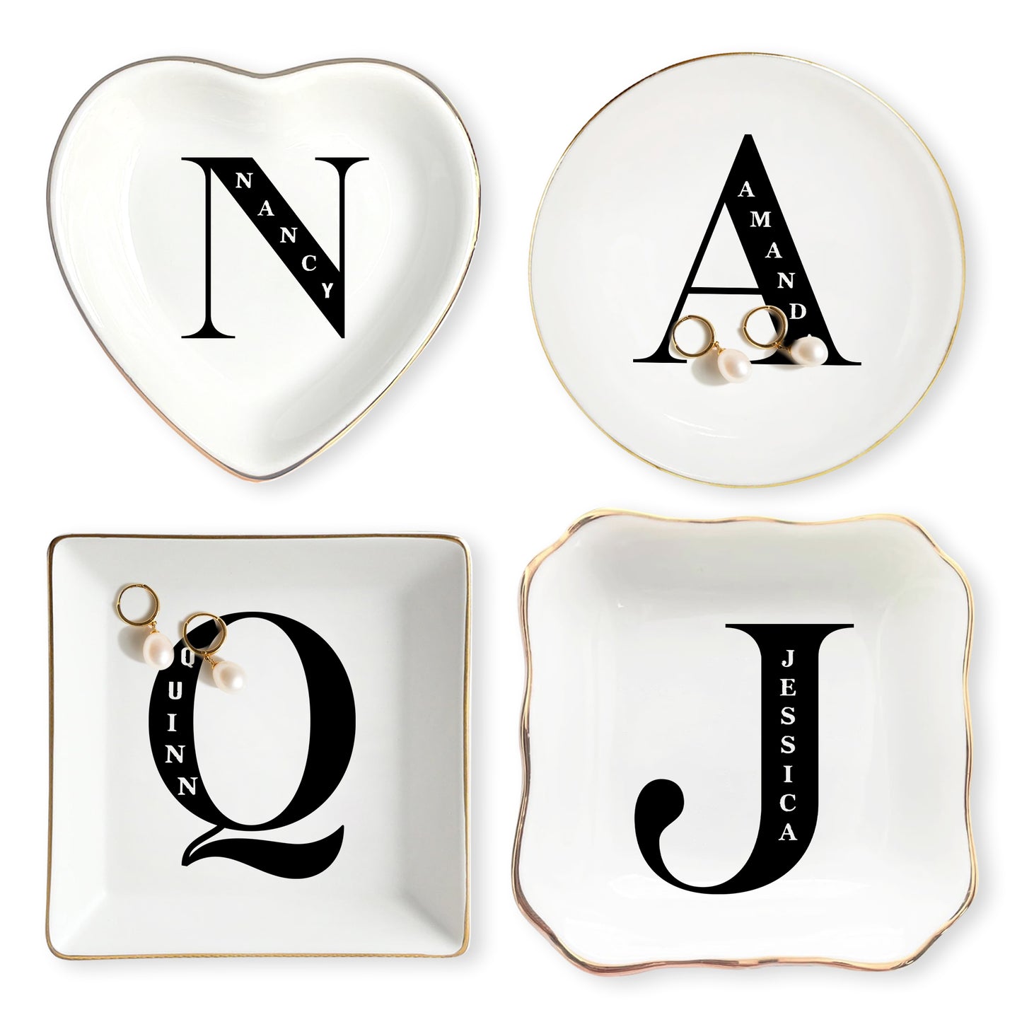 Netecom Personalized Jewelry Tray with Initials, Floral Design, Custom Ceramic Tray for Family Gifts or Special Celebrations