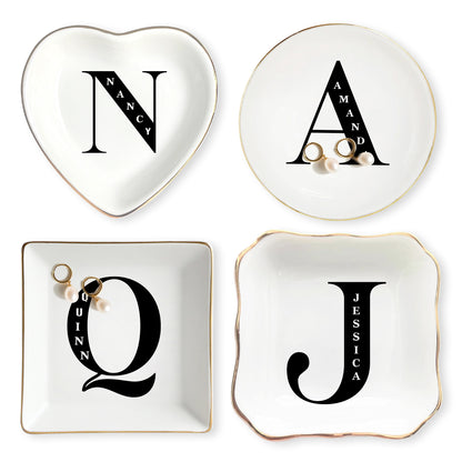 Netecom Personalized Jewelry Tray with Initials, Floral Design, Custom Ceramic Tray for Family Gifts or Special Celebrations