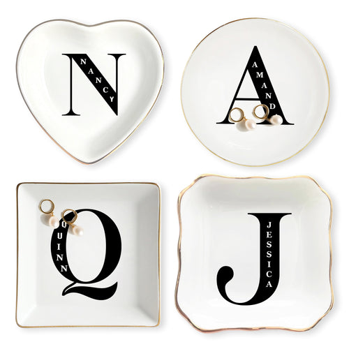 Netecom Personalized Jewelry Tray with Initials, Floral Design, Custom Ceramic Tray for Family Gifts or Special Celebrations
