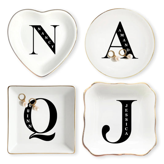 Netecom Personalized Jewelry Tray with Initials, Floral Design, Custom Ceramic Tray for Family Gifts or Special Celebrations