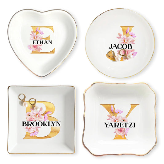 Netecom Customizable Jewelry Tray with Initials and Floral Design, Personalized Ceramic Tray for Home Decor or Family Gifts