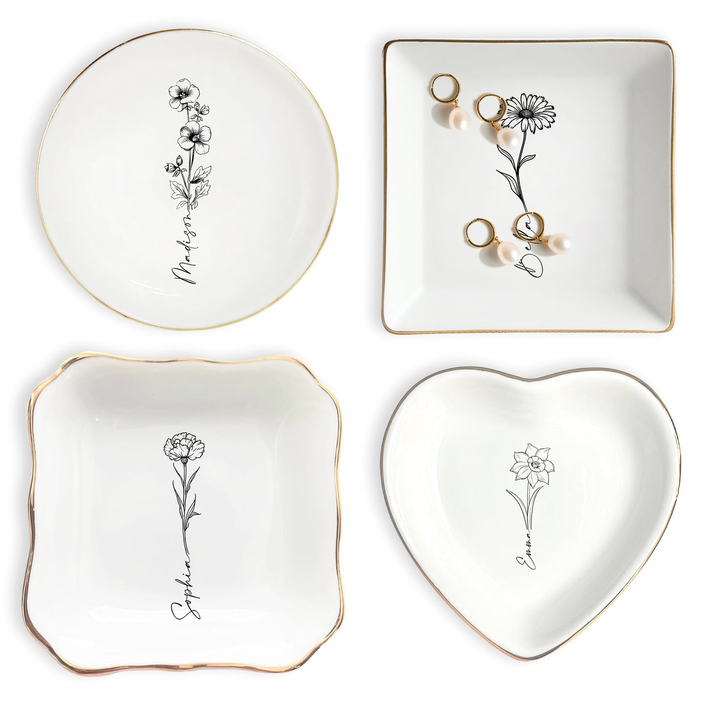 Netecom Personalized Birth Month Flower Trinket Dish , Custom Name Jewelry Holder , Bridesmaid Gift , Ceramic Ring Tray , Unique Christmas Present