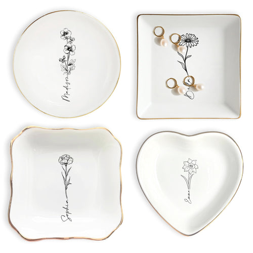 Netecom Personalized Birth Month Flower Trinket Dish , Custom Name Jewelry Holder , Bridesmaid Gift , Ceramic Ring Tray , Unique Christmas Present