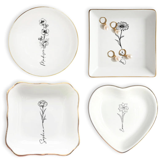 Netecom Personalized Birth Month Flower Trinket Dish , Custom Name Jewelry Holder , Bridesmaid Gift , Ceramic Ring Tray , Unique Christmas Present