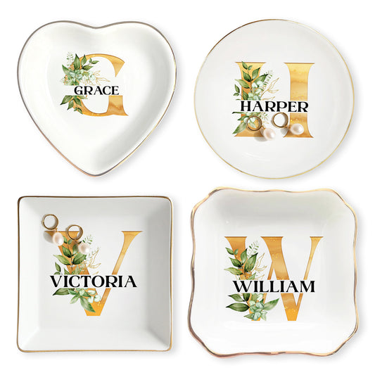 Netecom Personalized Custom Ceramic Jewelry Tray with Initials and Names, Perfect for Organizing Jewelry, Gift for Weddings, Christmas, or Family Celebratio