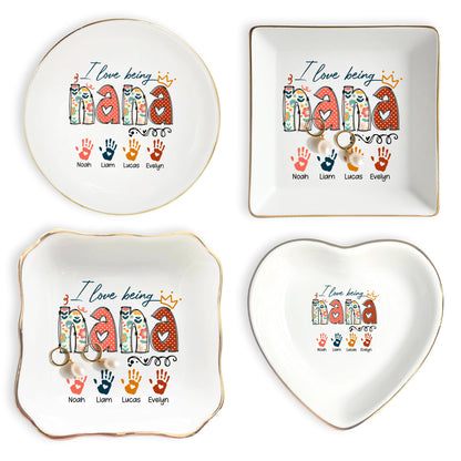 Netecom Personalized I Love Being NANA Jewelry Tray, Custom Handprints & Grandkids Names Ceramic Ring Dish , Mother's Day & Christmas Gift