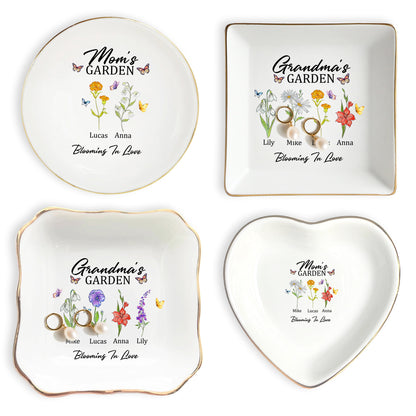 Netecom Personalized Birth Month Flower Jewelry Tray , Custom Names Ceramic Ring Dish, Elegant Grandma’s Garden Gift