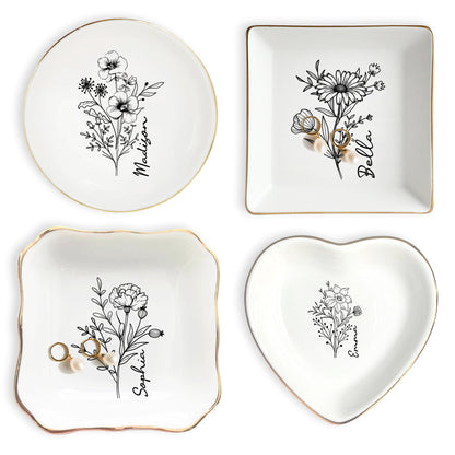Netecom Elegant Personalized Birth Month Flower Jewelry Dish Set, Custom Name Gold Rim Ceramic Ring Tray for Bridesmaid & Mother's Day Gift