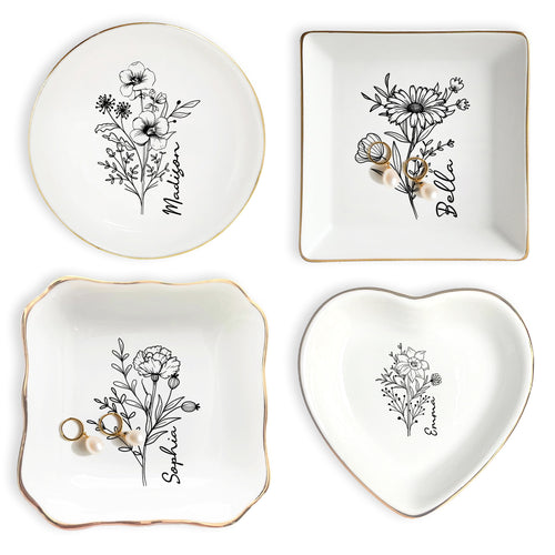 Netecom Elegant Personalized Birth Month Flower Jewelry Dish Set, Custom Name Gold Rim Ceramic Ring Tray for Bridesmaid & Mother's Day Gift