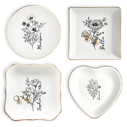 Netecom Elegant Personalized Birth Month Flower Jewelry Dish Set, Custom Name Gold Rim Ceramic Ring Tray for Bridesmaid & Mother's Day Gift