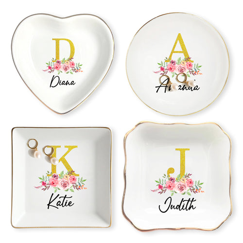 Netecom Personalized Floral Jewelry Tray with Glittery Initials, Custom Name Jewelry Dish for Special Occasions or Gifts