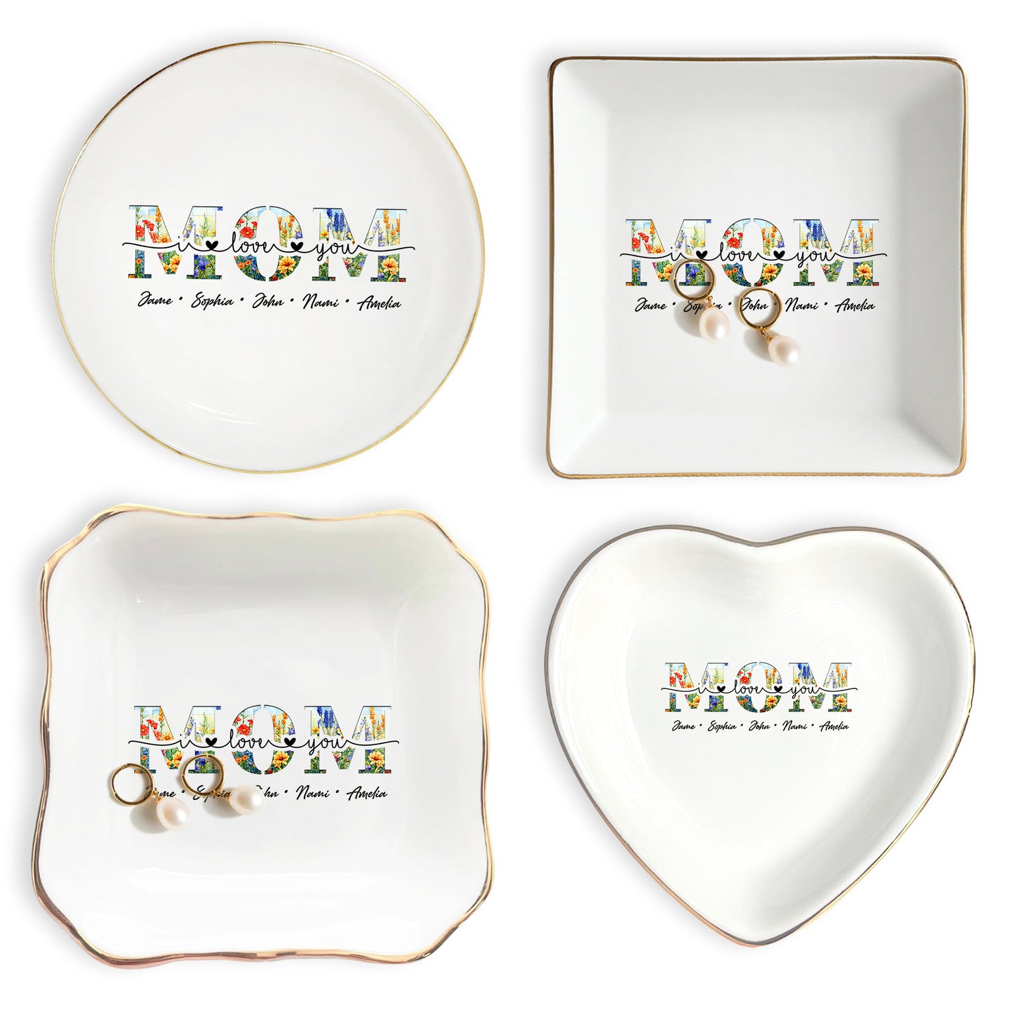 Netecom Floral "MOM" Ceramic Ring Dish with Custom Names, Heartfelt Gift for Mother's Day & Family Celebrations.