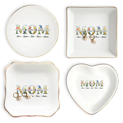 Netecom Floral "MOM" Ceramic Ring Dish with Custom Names, Heartfelt Gift for Mother's Day & Family Celebrations.