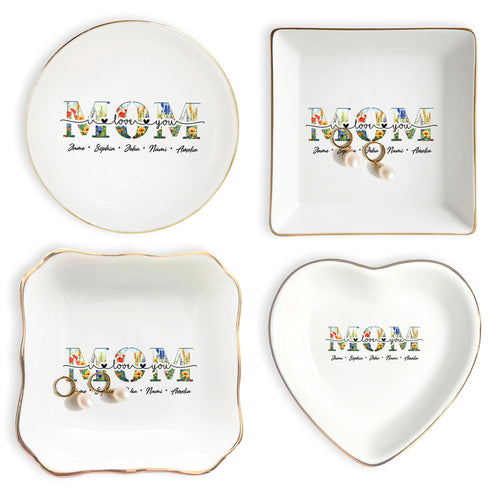 Netecom Floral "MOM" Ceramic Ring Dish with Custom Names, Heartfelt Gift for Mother's Day & Family Celebrations.