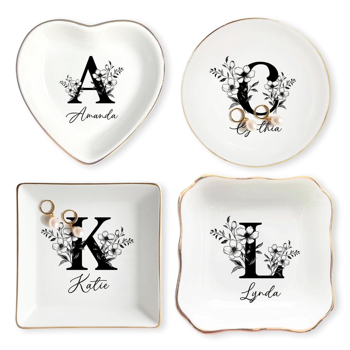 Netecom Personalized Floral Jewelry Dish with Custom Letter and Name, Elegant Ceramic Tray for Birthdays and Home Decor
