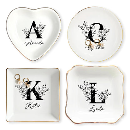 Netecom Personalized Floral Jewelry Dish with Custom Letter and Name, Elegant Ceramic Tray for Birthdays and Home Decor
