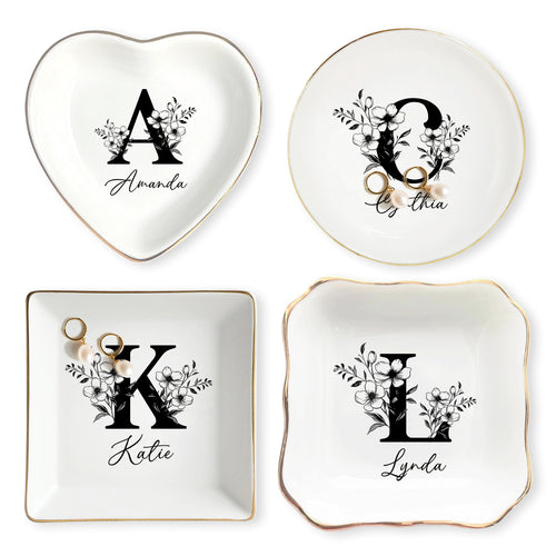 Netecom Personalized Floral Jewelry Dish with Custom Letter and Name, Elegant Ceramic Tray for Birthdays and Home Decor