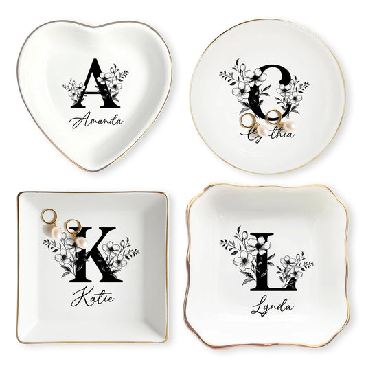 Netecom Personalized Floral Jewelry Dish with Custom Letter and Name, Elegant Ceramic Tray for Birthdays and Home Decor