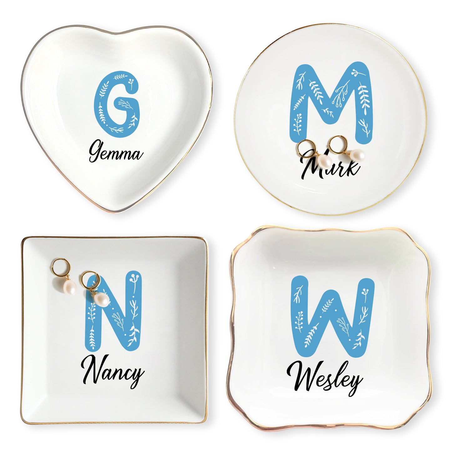 Netecom Custom Floral Jewelry Tray with Personalized Letter and Name, Elegant Ceramic Tray for Gifts and Home Decor