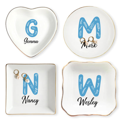 Netecom Custom Floral Jewelry Tray with Personalized Letter and Name, Elegant Ceramic Tray for Gifts and Home Decor