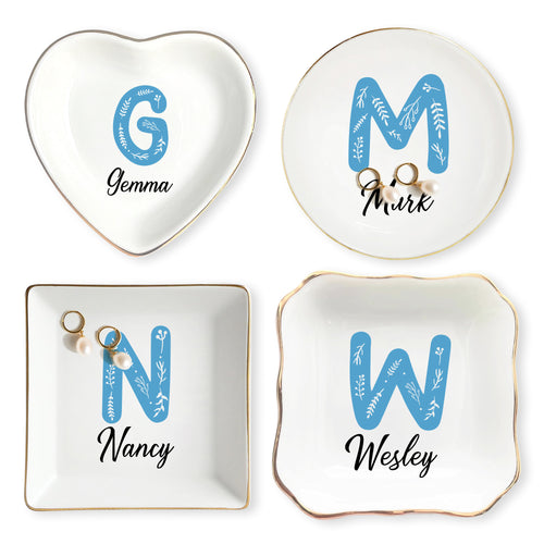 Netecom Custom Floral Jewelry Tray with Personalized Letter and Name, Elegant Ceramic Tray for Gifts and Home Decor