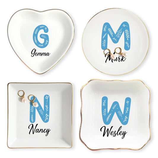 Netecom Custom Floral Jewelry Tray with Personalized Letter and Name, Elegant Ceramic Tray for Gifts and Home Decor