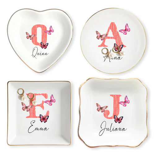 Netecom Personalized Ceramic Jewelry Tray with Initials and Floral Design, Ideal Gift for Weddings, Birthdays, or Family Occasions