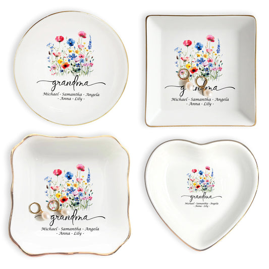 Netecom Personalized Ceramic Jewelry Tray with Custom Title & Names , Unique Grandma’s Garden Ring Dish , Mother’s Day or Christmas Gift