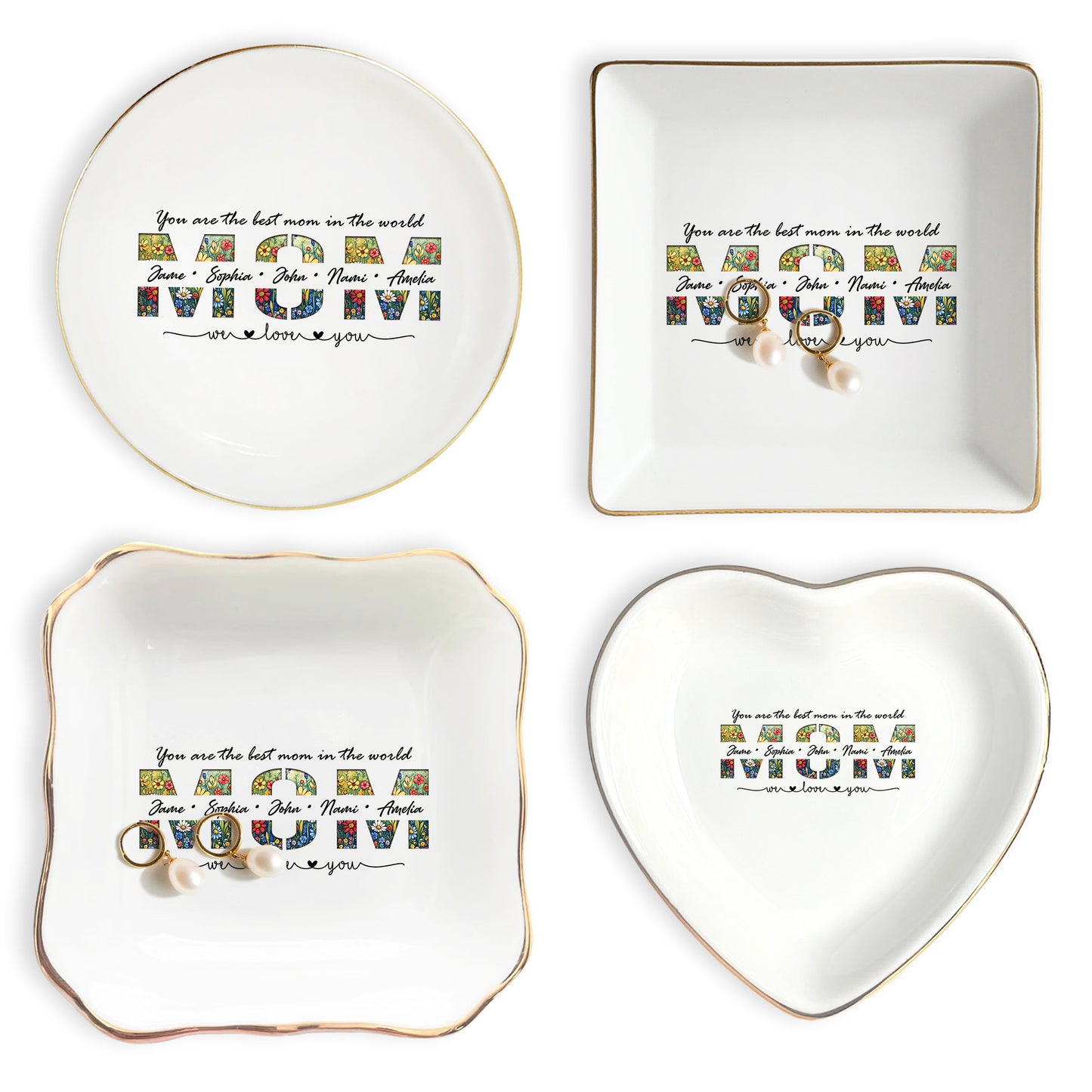 Netecom Elegant Floral "MOM" Ring Holder with Personalized Kids Names, Ideal Gift for Grandma or Mother's Day